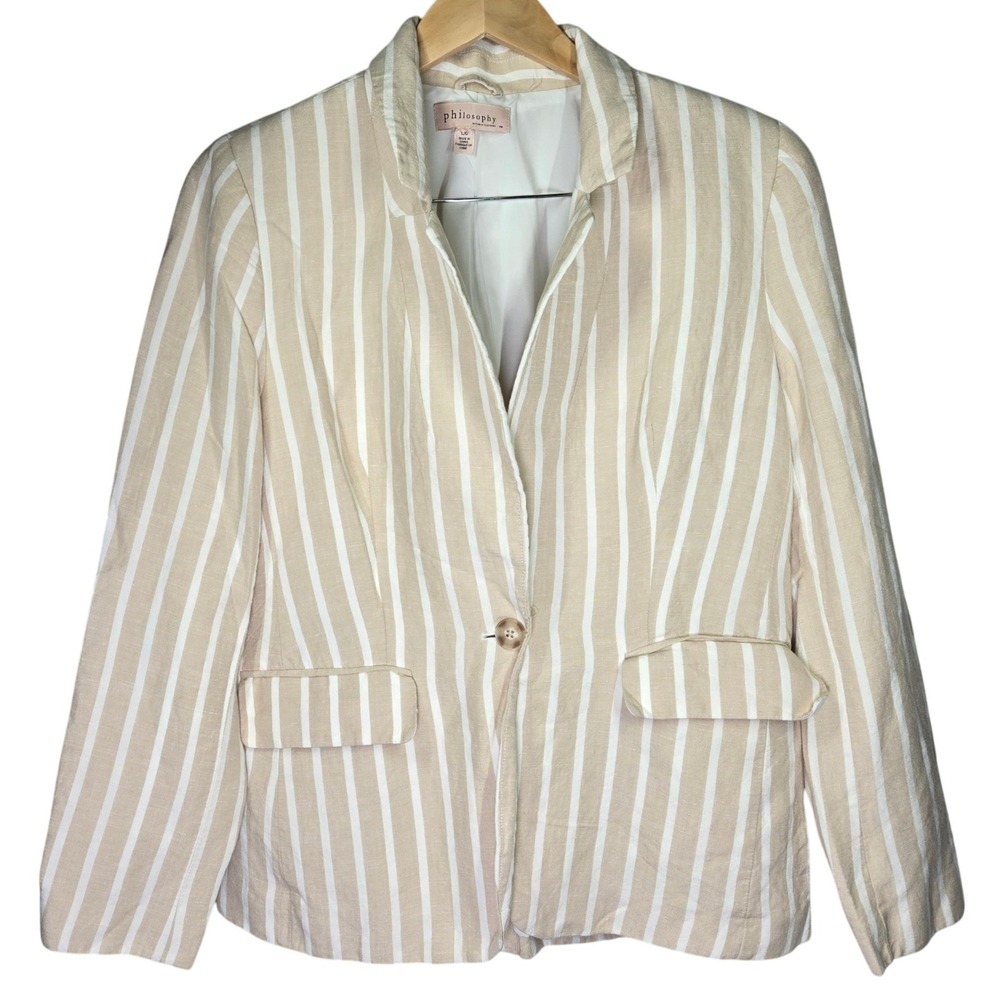 Philosophy Republic Clothing Tan White Striped Linen Blend Blazer Jacket Large